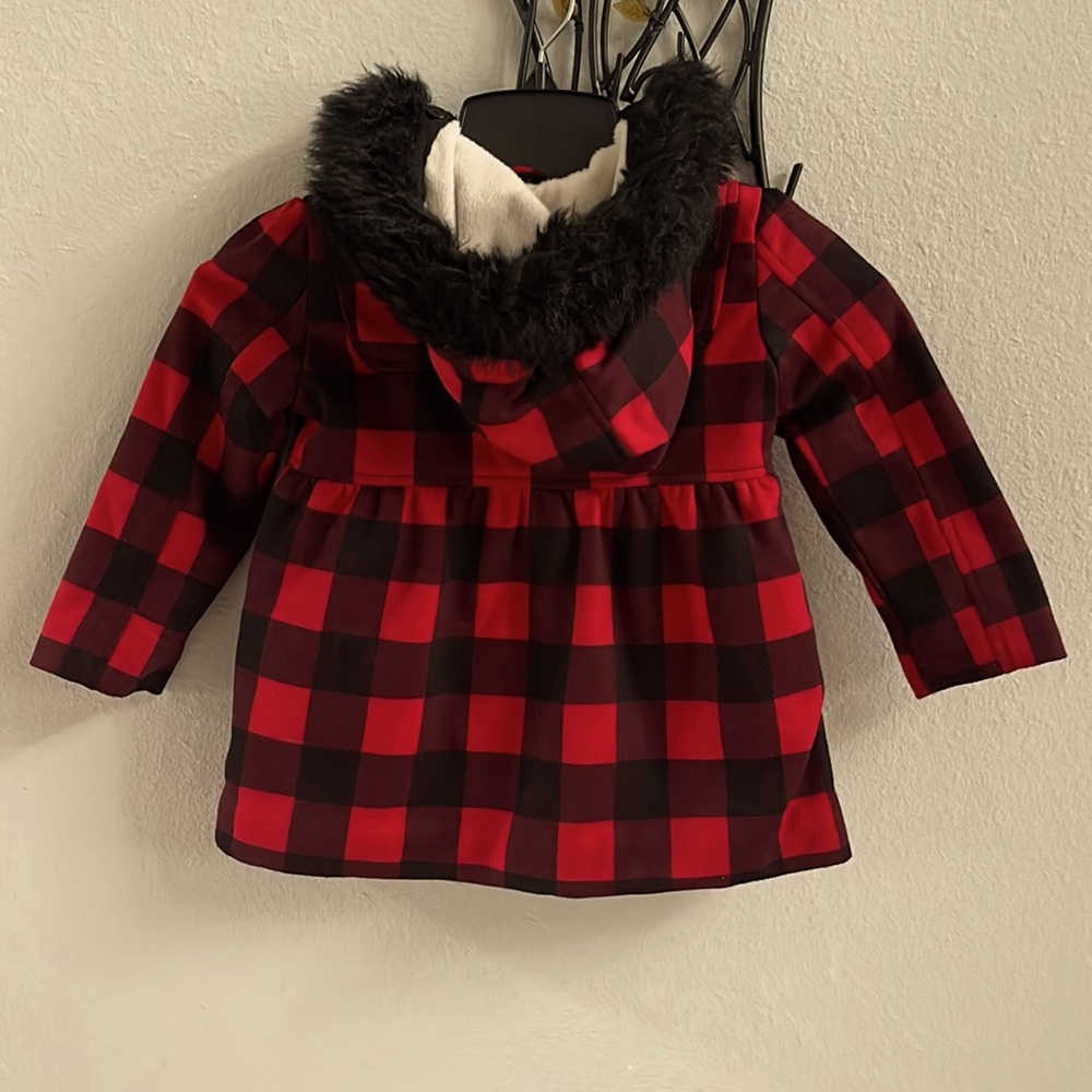 Plaid Pea Coat w/ Faux Fur Hood - Picture 2 of 5